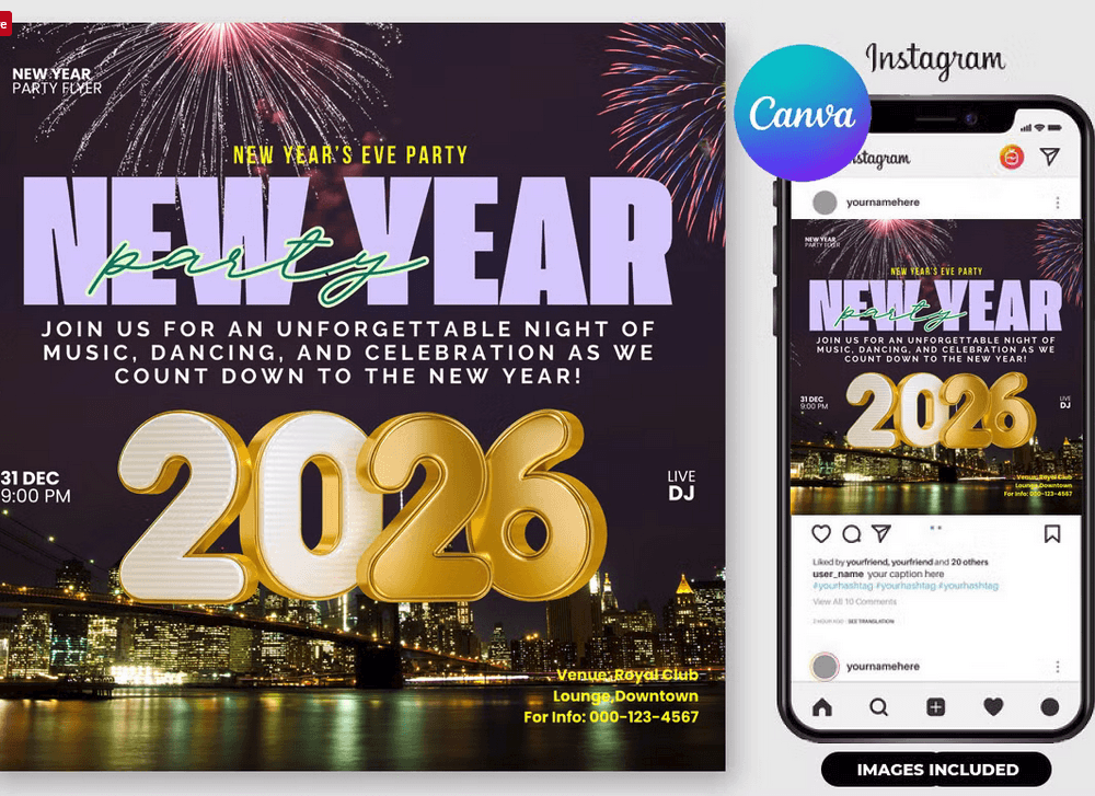 New Year Party Flyer Template Canva